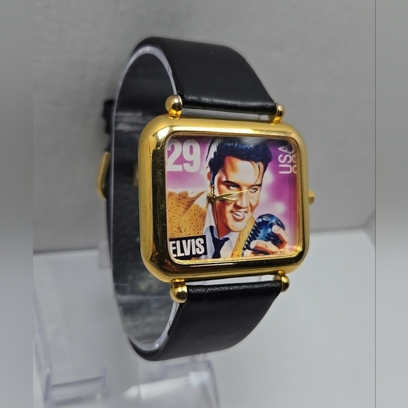 1992 Elvis Presley 29 Cent Stamp USPS Gold Tone Quartz Watch New Battery Working - Picture 3 of 11